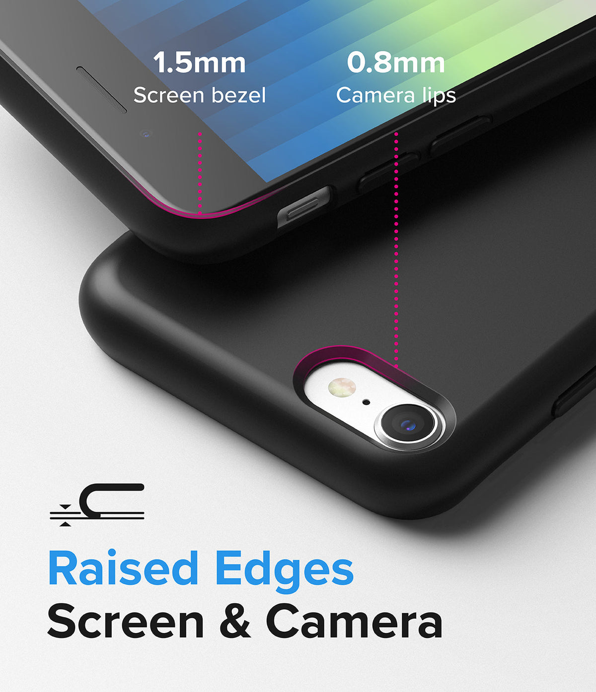 iPhone SE 2022 5G / SE 2020 / 8 Case | Air-S - Close-up showing 1.5mm screen bezel and 0.8mm camera lip protection.