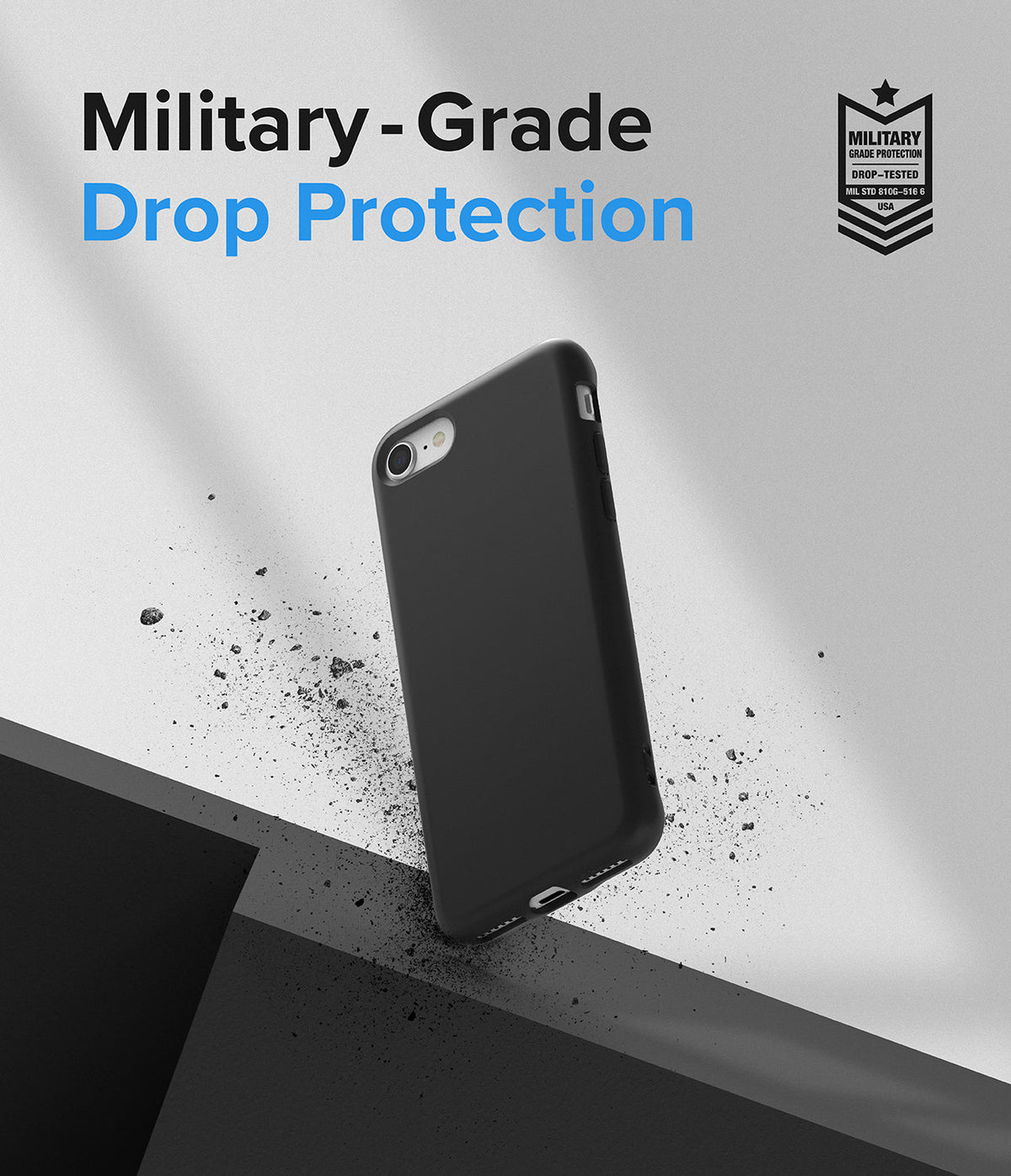 iPhone SE 2022 5G / SE 2020 / 8 Case | Air-S - Black phone case floating above a surface with debris and military-grade text.