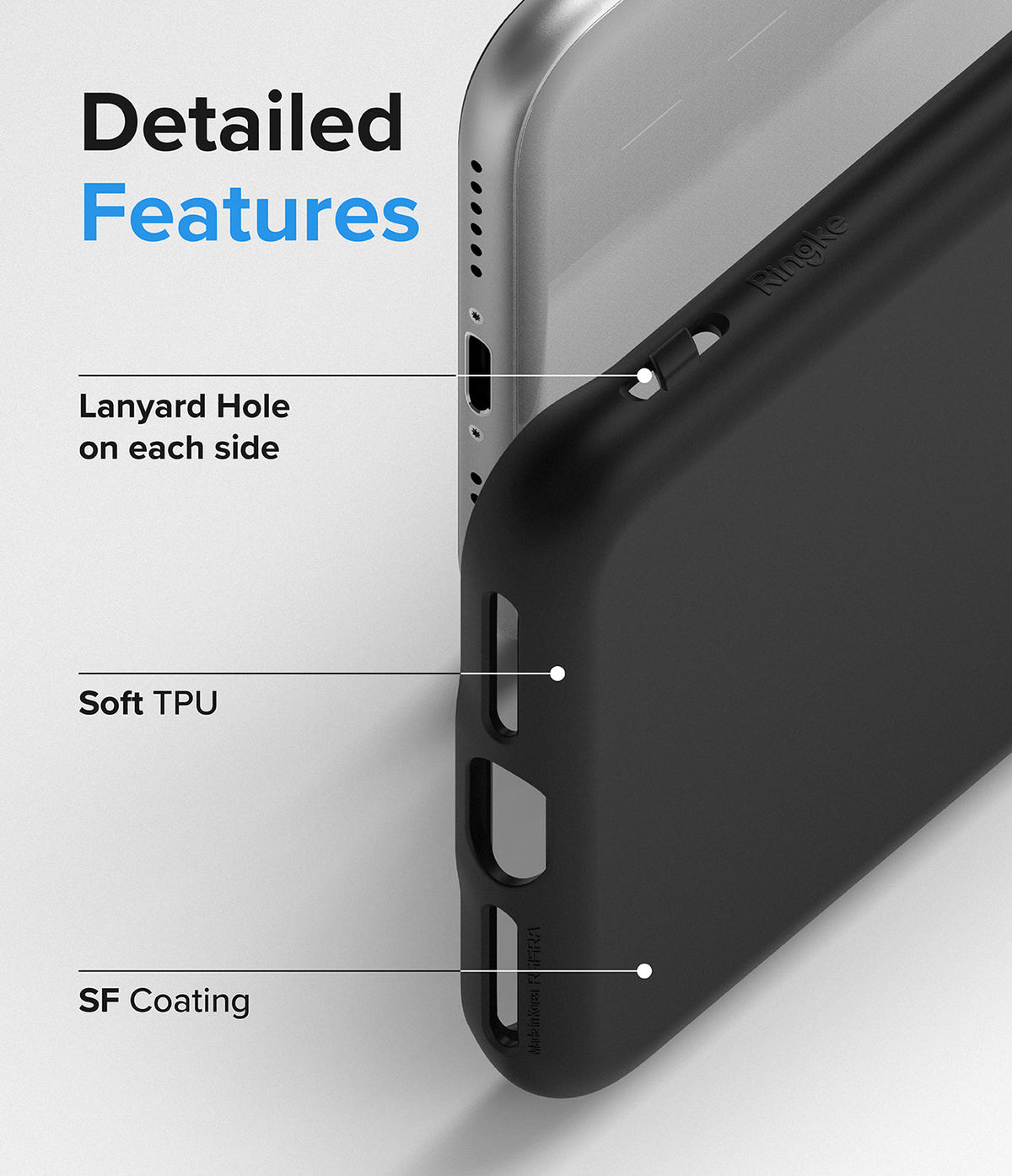 iPhone SE 2022 5G / SE 2020 / 8 Case | Air-S - Close-up of black phone case highlighting lanyard holes, TPU material, and SF coating.