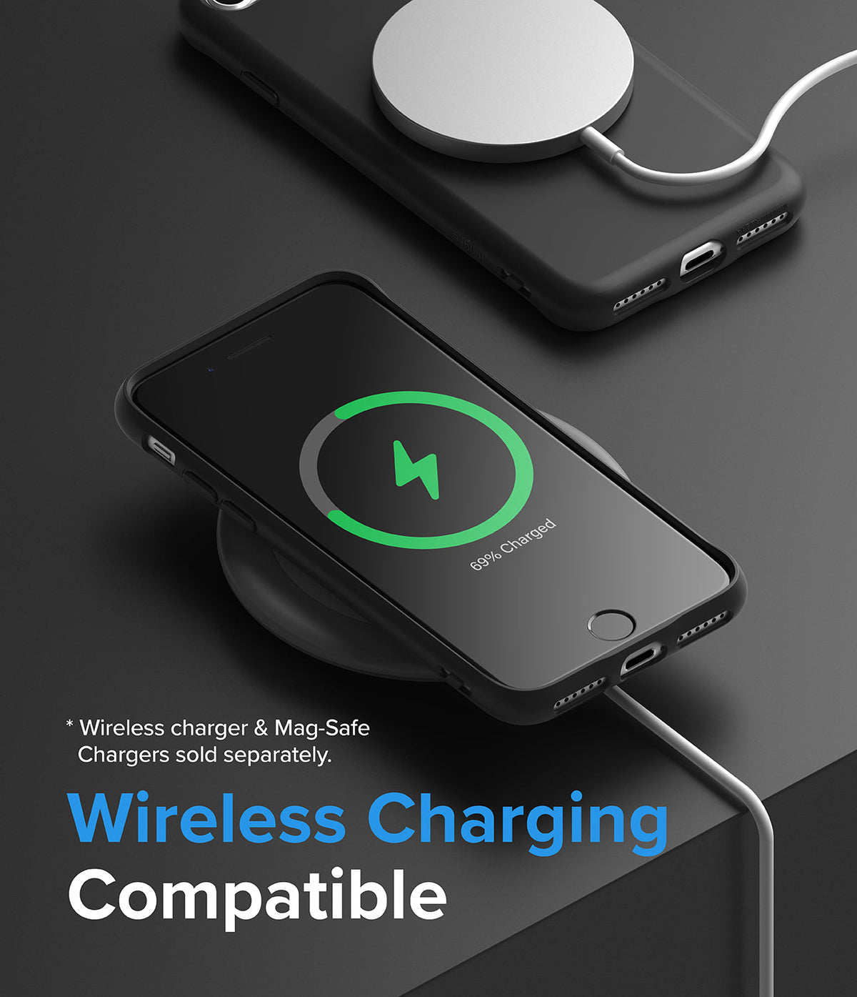 iPhone SE 2022 5G / SE 2020 / 8 Case | Air-S - Black phone case on a wireless charger showing a 69% charge icon.