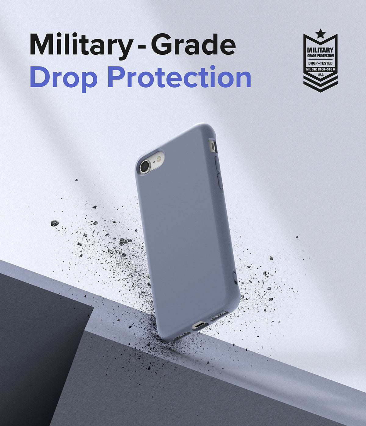 iPhone SE 2022 5G / SE 2020 / 8 Case | Air-S - A blue phone case floating above a surface with debris and military-grade text.