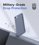 iPhone SE 2022 5G / SE 2020 / 8 Case | Air-S - A blue phone case floating above a surface with debris and military-grade text.