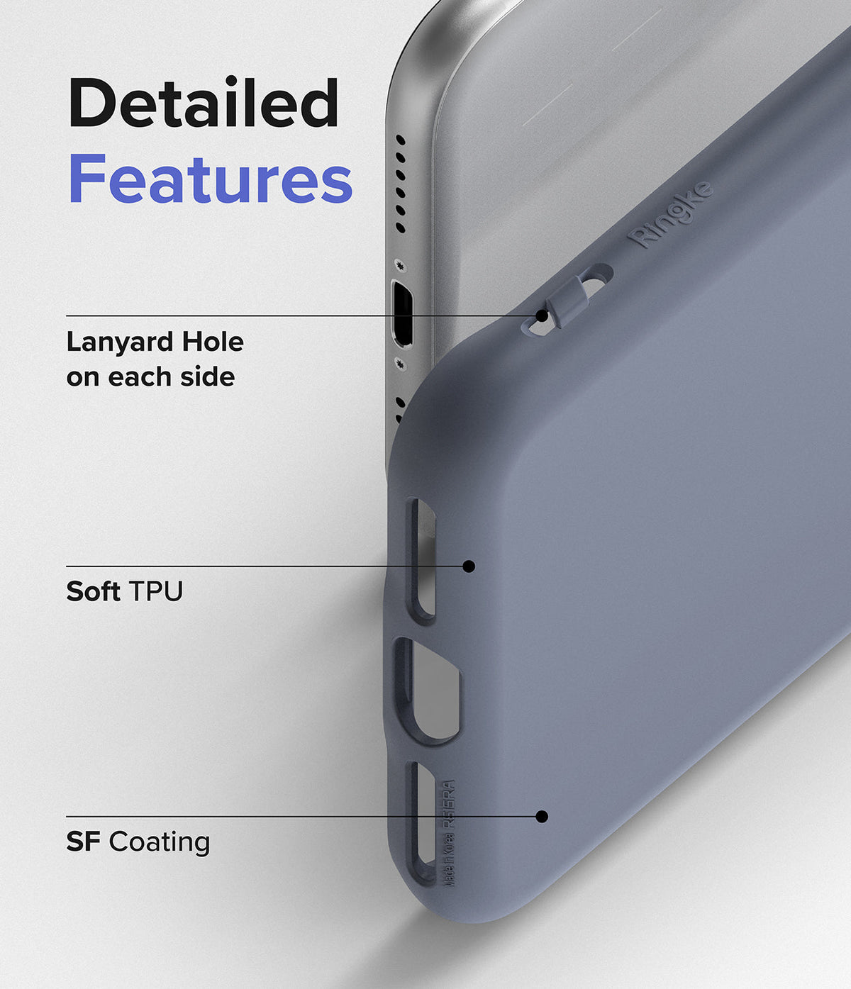 iPhone SE 2022 5G / SE 2020 / 8 Case | Air-S - Close-up of blue phone case highlighting lanyard holes, soft TPU, and coating.