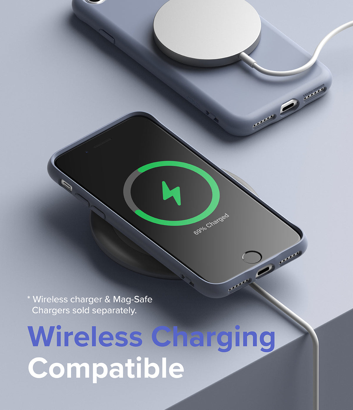 iPhone SE 2022 5G / SE 2020 / 8 Case | Air-S - Blue iPhone in a protective case charging wirelessly on a pad.