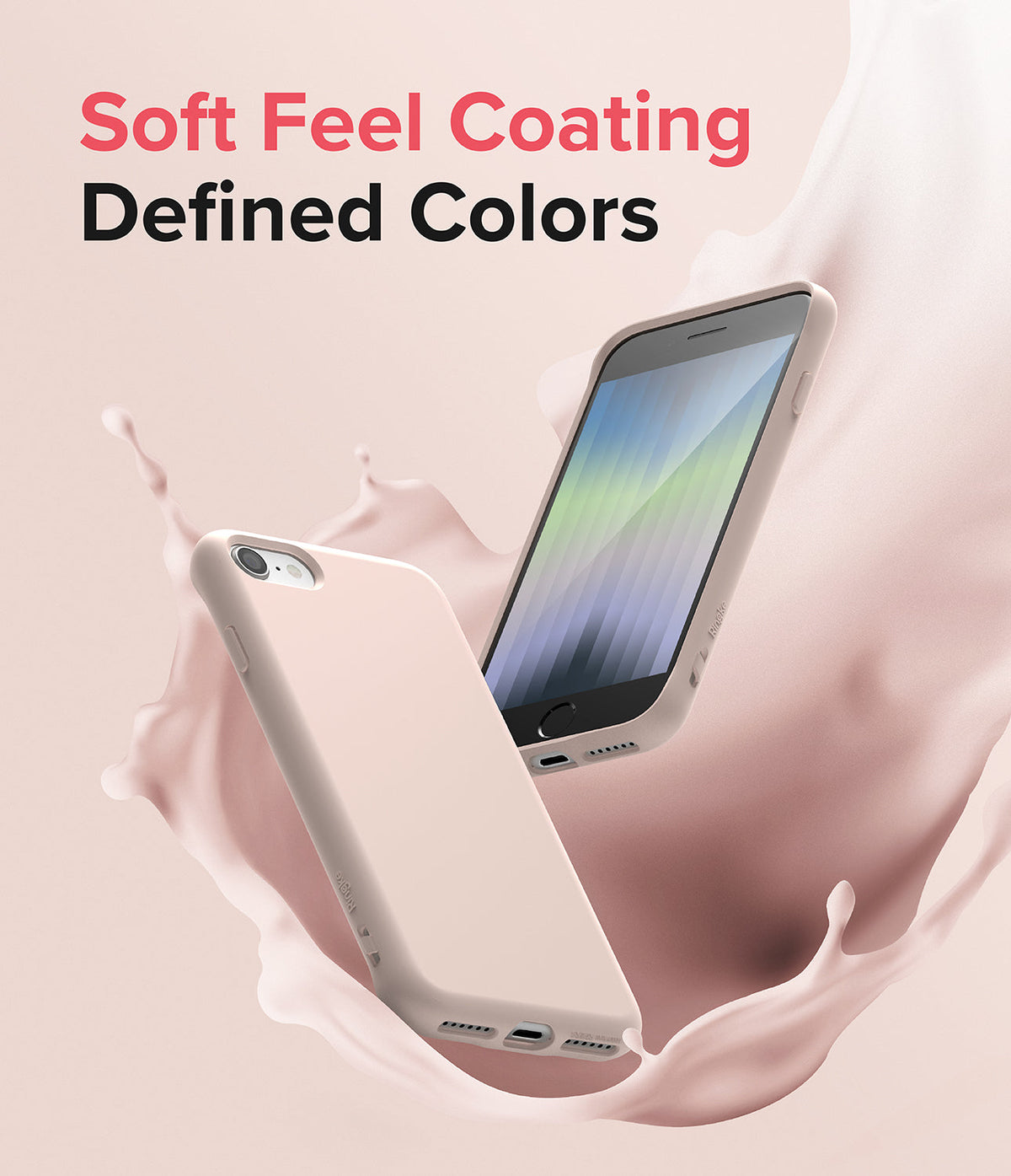 iPhone SE 2022 5G / SE 2020 / 8 Case | Air-S - Two beige phone cases floating amidst a splash of soft pink liquid.