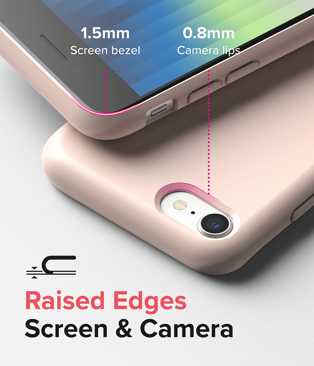 iPhone SE 2022 5G / SE 2020 / 8 Case | Air-S - Close-up of a beige phone case highlighting 1.5mm screen and 0.8mm camera bezels.