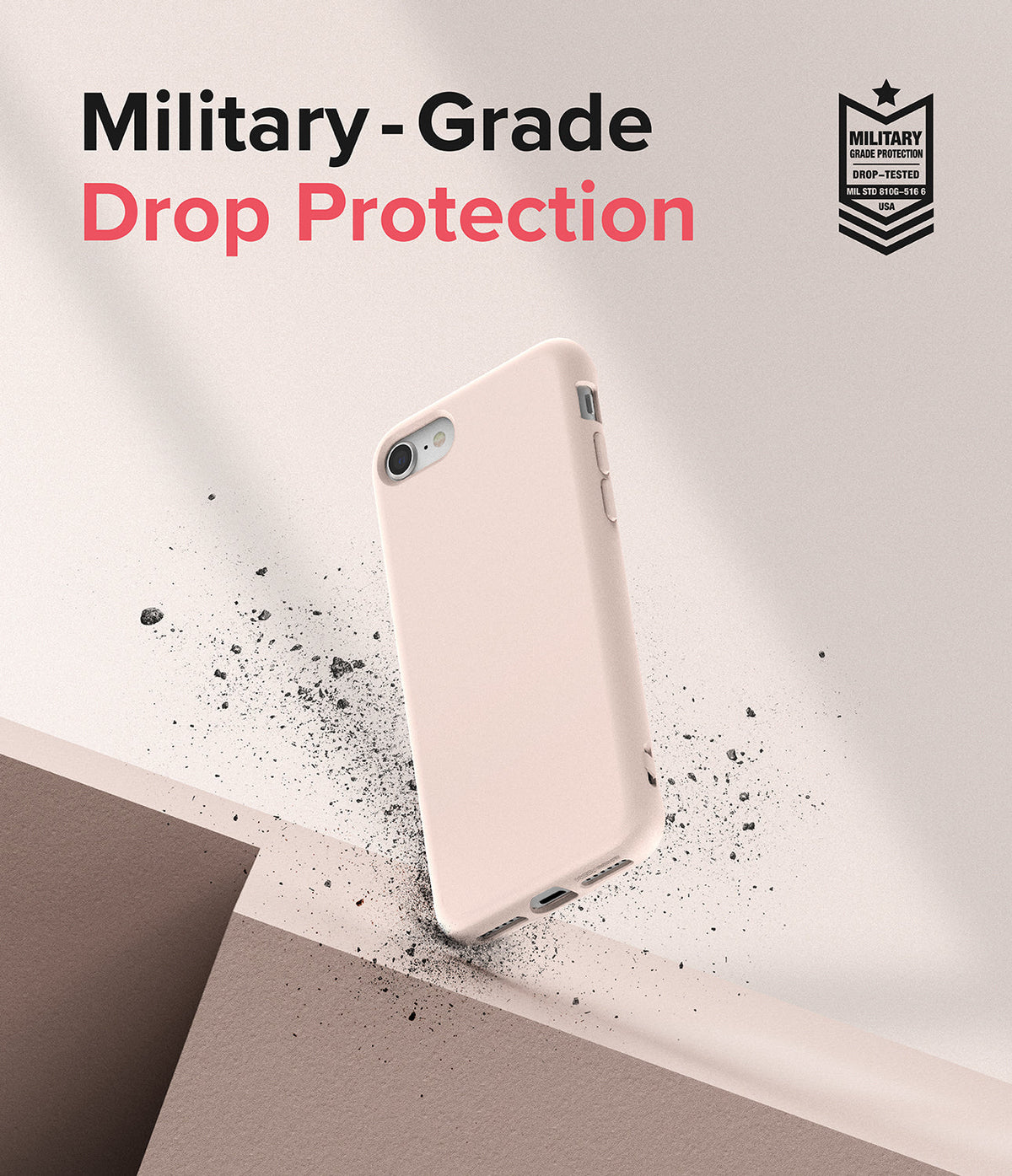 iPhone SE 2022 5G / SE 2020 / 8 Case | Air-S - Light pink phone case floating above a surface with debris and text.