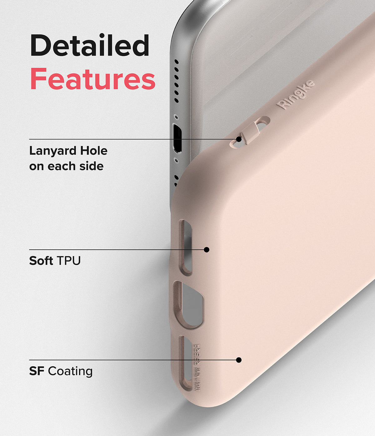 iPhone SE 2022 5G / SE 2020 / 8 Case | Air-S - Close-up of a pink phone case highlighting lanyard holes, soft TPU material, and SF coating.
