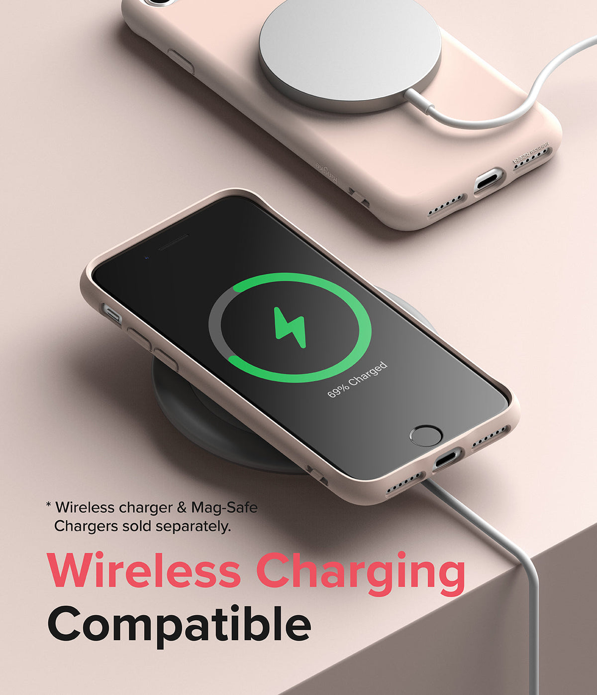 iPhone SE 2022 5G / SE 2020 / 8 Case | Air-S - Beige phone case on wireless chargers showing charging status on screen.
