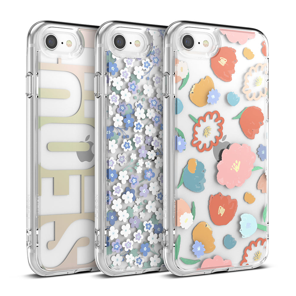 iPhone SE 2022 5G / SE 2020 / 8 / 7 Case | Fusion Edge Design - Three clear phone cases with floral and text patterns.