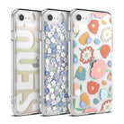 iPhone SE 2022 5G / SE 2020 / 8 / 7 Case | Fusion Edge Design - Three clear phone cases with floral and text patterns.