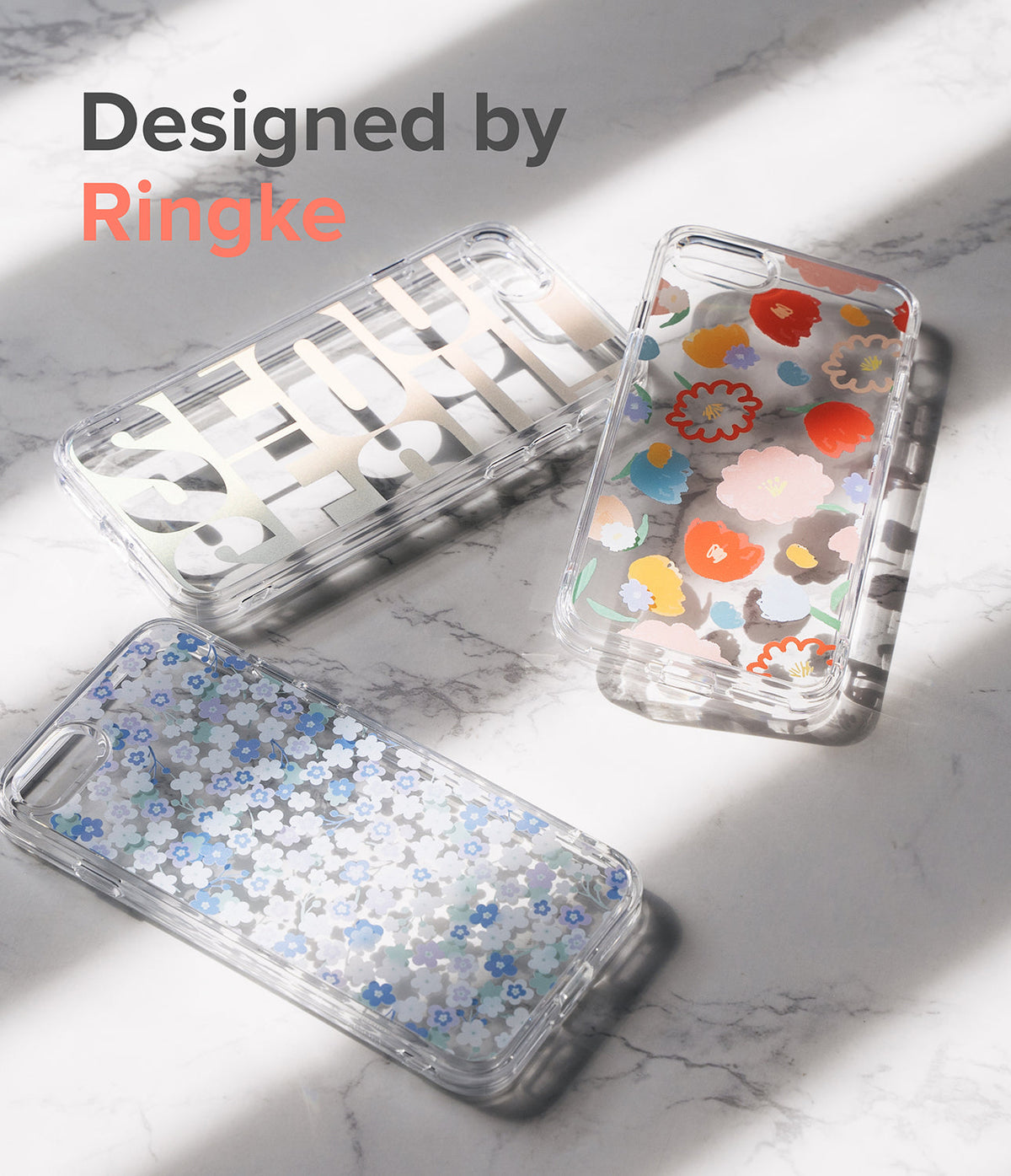 iPhone SE 2022 5G / SE 2020 / 8 / 7 Case | Fusion Edge Design - Three clear phone cases with floral and text patterns on a marble surface.