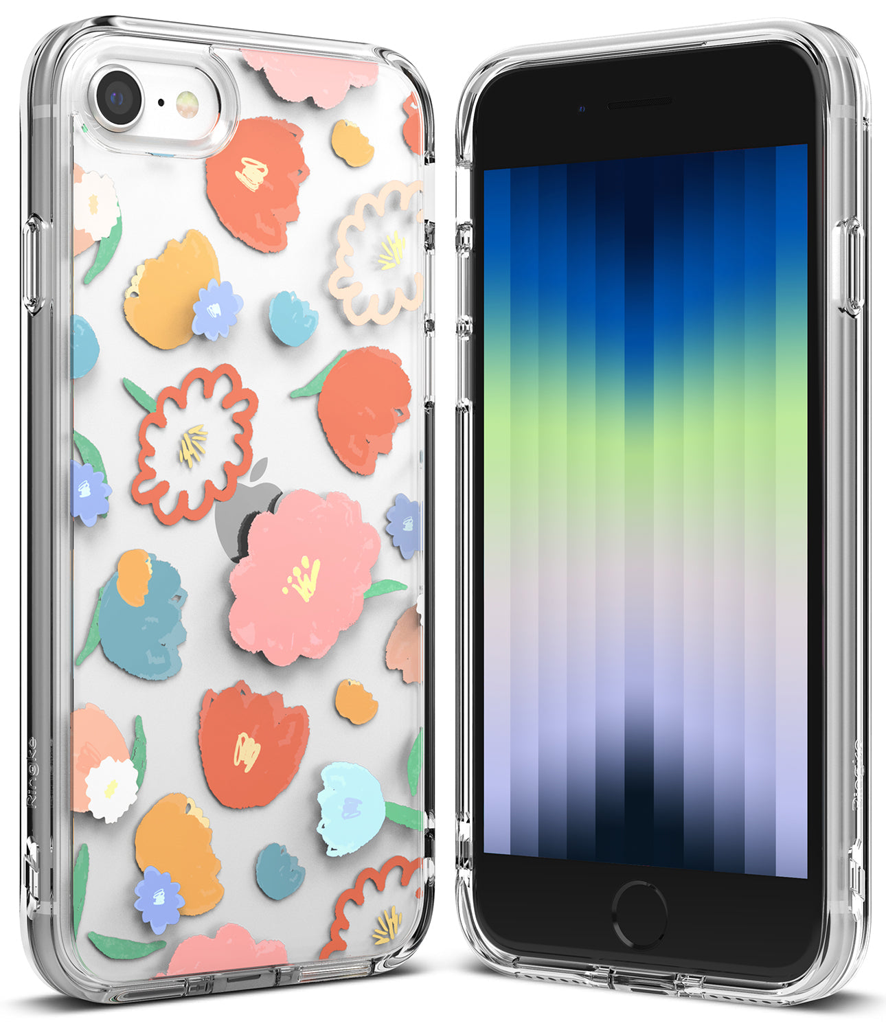 iPhone SE 2022 5G / SE 2020 / 8 / 7 Case | Fusion Edge Design - Clear phone case with colorful floral pattern and phone.