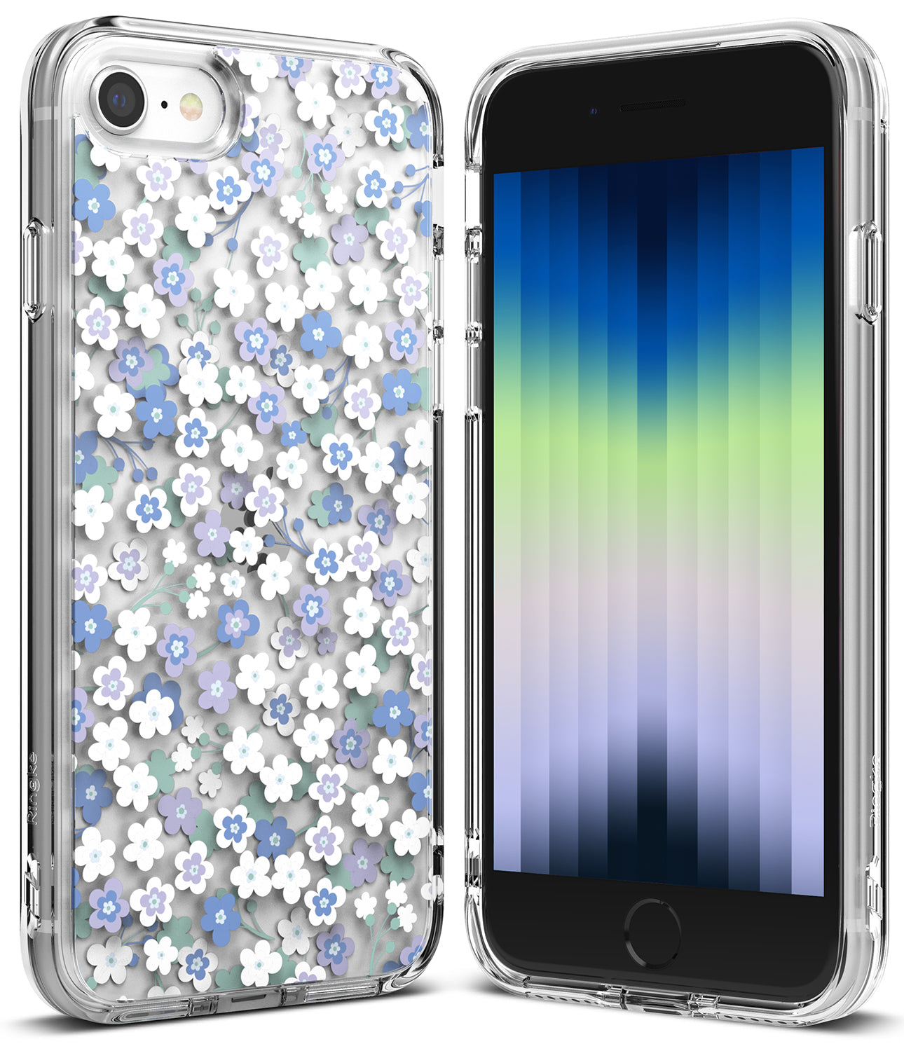iPhone SE 2022 5G / SE 2020 / 8 / 7 Case | Fusion Edge Design - Clear phone case with blue and white floral pattern.