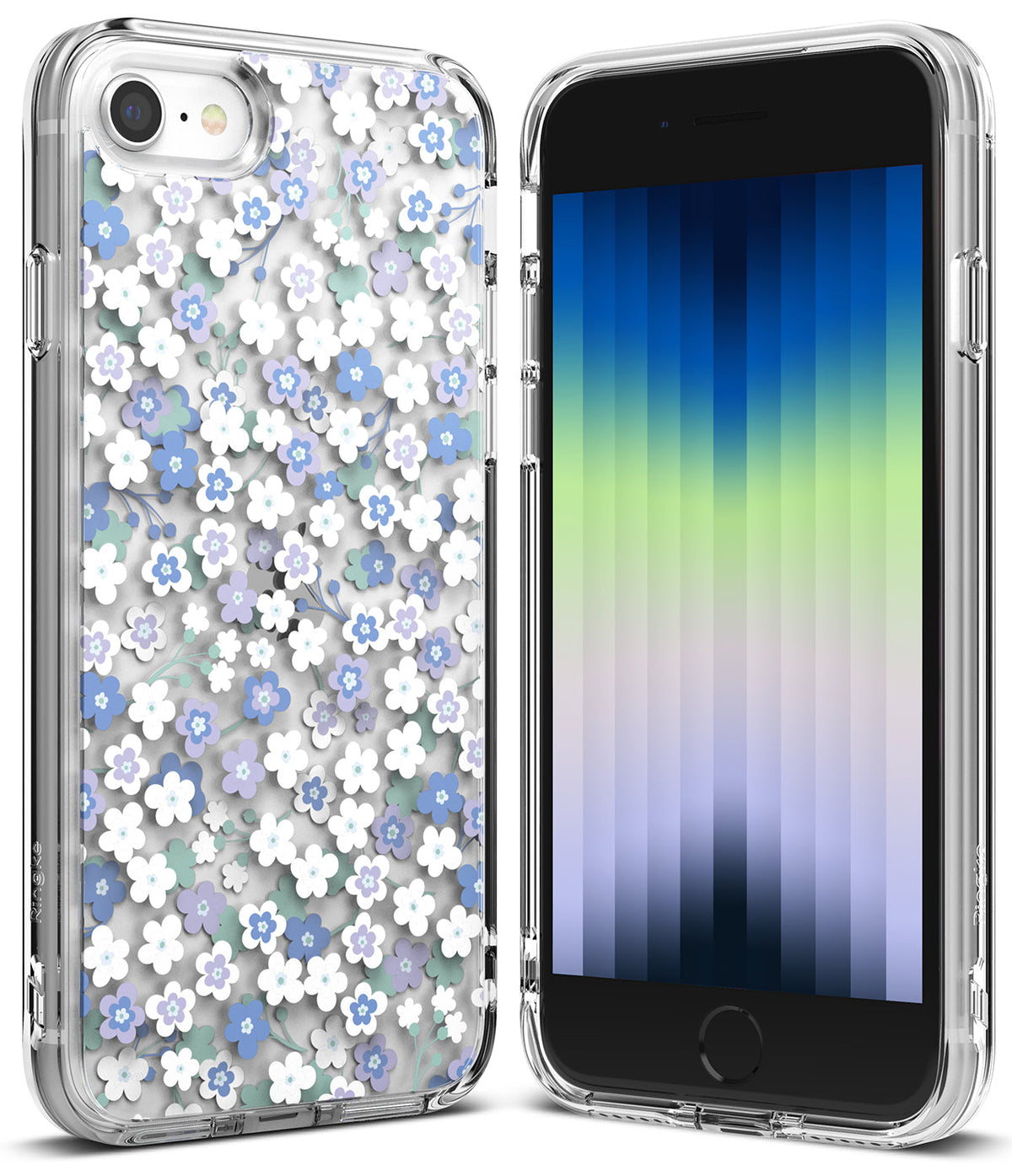 iPhone SE 2022 5G / SE 2020 / 8 / 7 Case | Fusion Edge Design - Clear phone case with blue and white floral pattern.