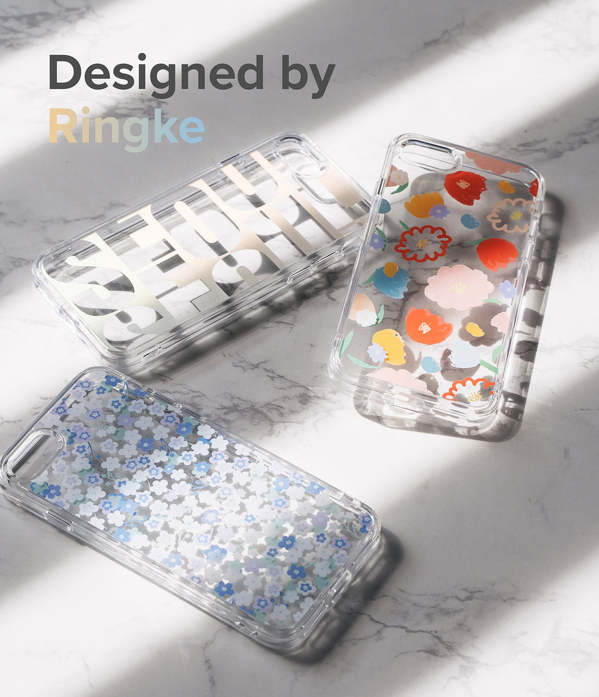 iPhone SE 2022 5G / SE 2020 / 8 / 7 Case | Fusion Edge Design - Three clear phone cases with floral and text patterns.