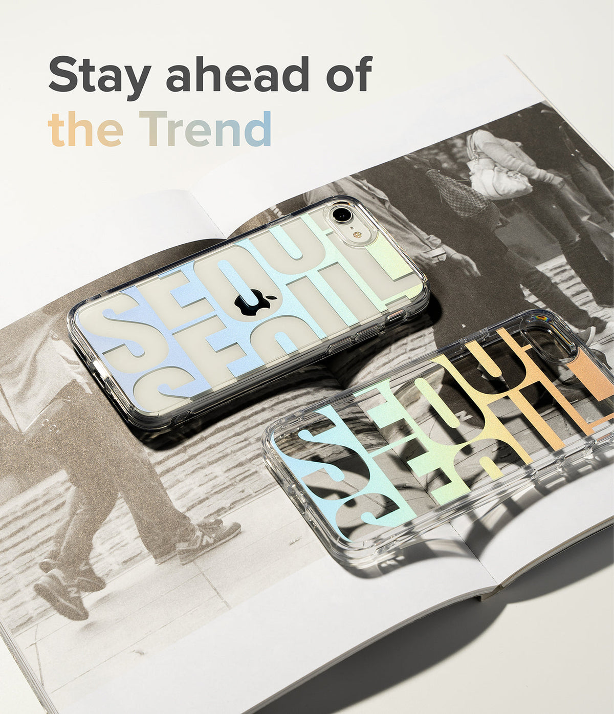 iPhone SE 2022 5G / SE 2020 / 8 / 7 Case | Fusion Edge Design - Two clear phone cases with colorful Seoul typography on a magazine.