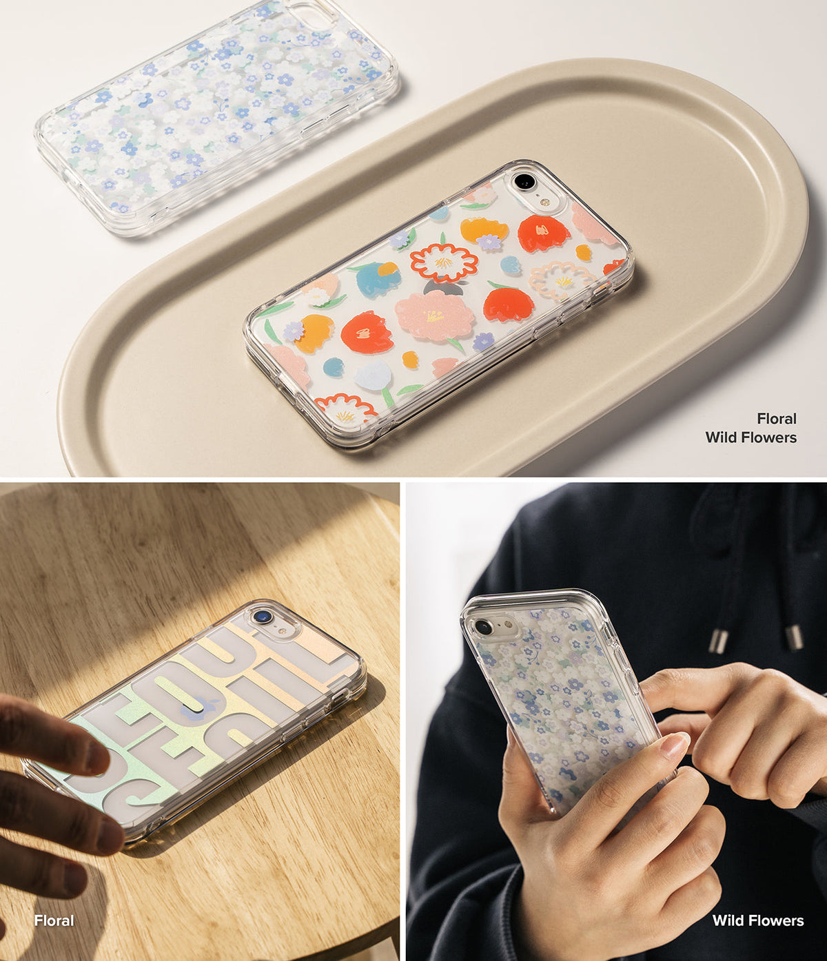 iPhone SE 2022 5G / SE 2020 / 8 / 7 Case | Fusion Edge Design - Clear phone cases with floral and text patterns on a tray.