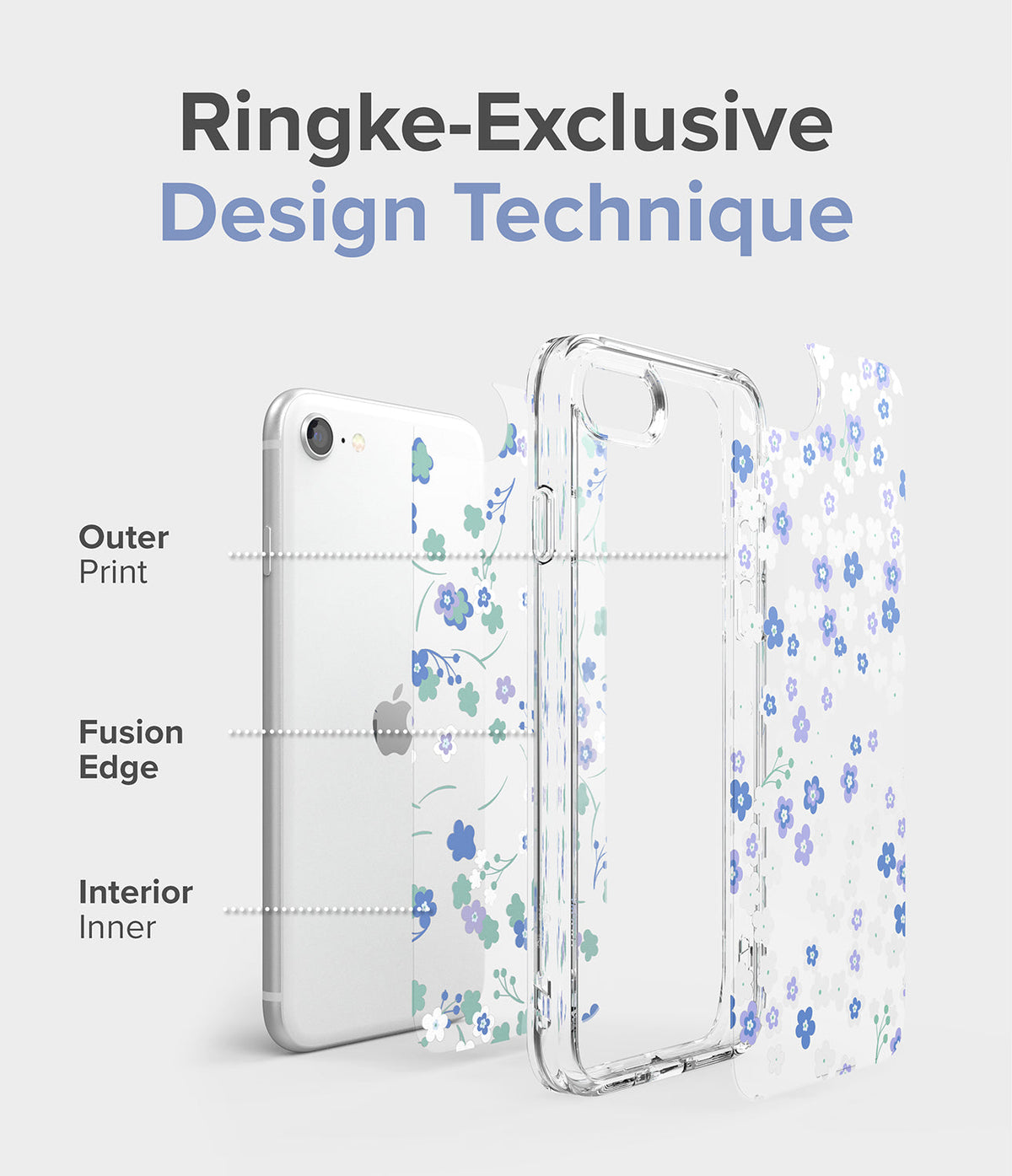 iPhone SE 2022 5G / SE 2020 / 8 / 7 Case | Fusion Edge Design - Exploded view of a floral phone case showing layers.