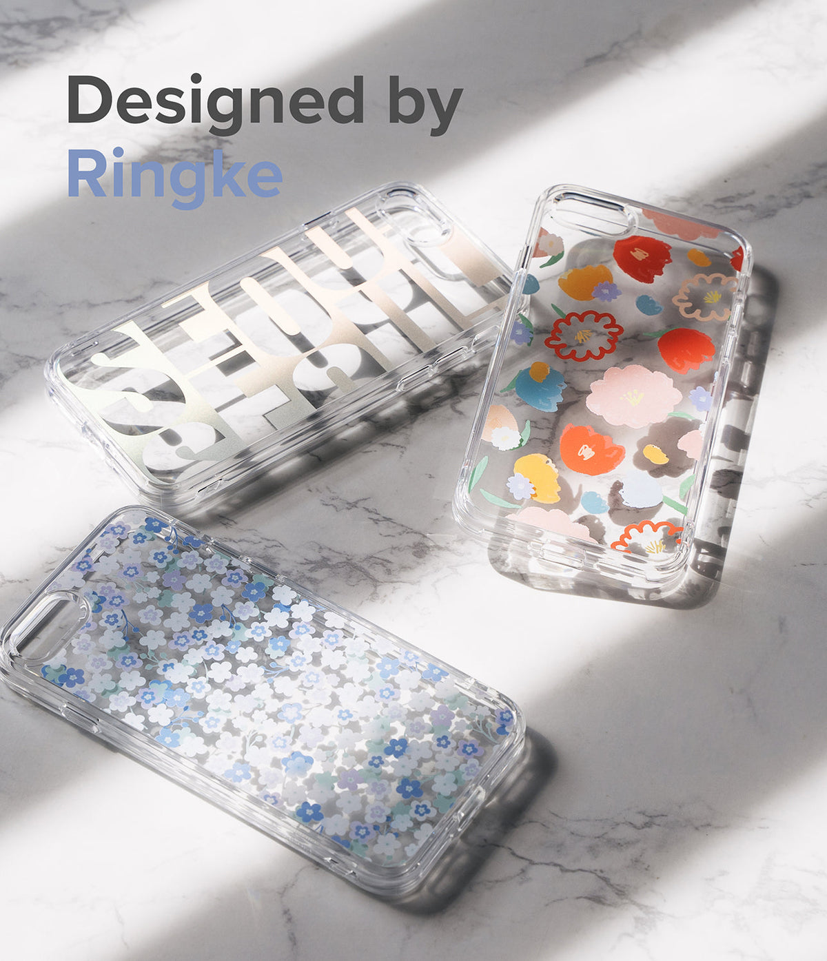 iPhone SE 2022 5G / SE 2020 / 8 / 7 Case | Fusion Edge Design - Three clear phone cases with floral and text patterns on a marble surface.