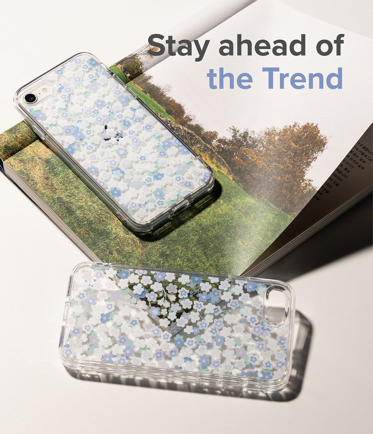 iPhone SE 2022 5G / SE 2020 / 8 / 7 Case | Fusion Edge Design - Two clear phone cases with blue and white floral patterns.