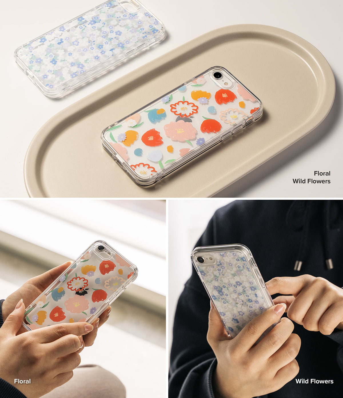 iPhone SE 2022 5G / SE 2020 / 8 / 7 Case | Fusion Edge Design - Clear phone cases featuring colorful floral patterns.