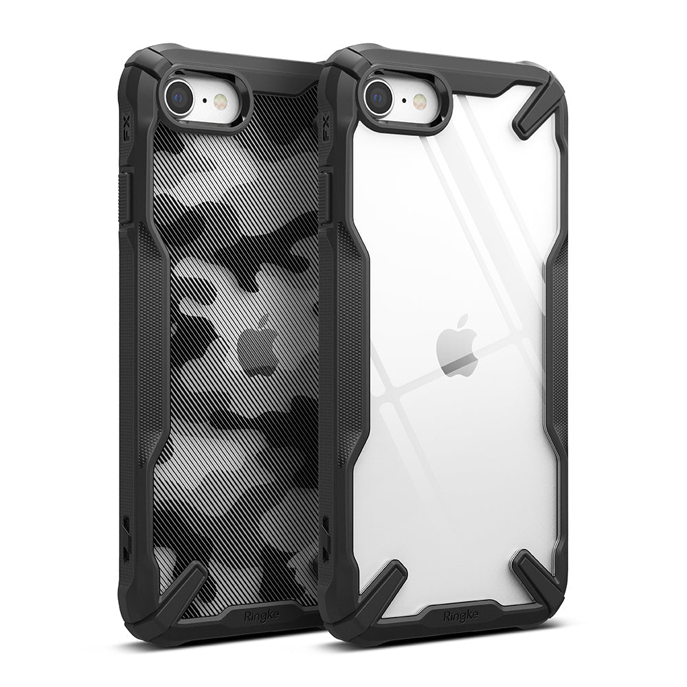 iPhone SE 2022 5G / SE 2020 / 8 Case | (New) Fusion-X - Two rugged black phone cases, one with camo pattern and one clear.