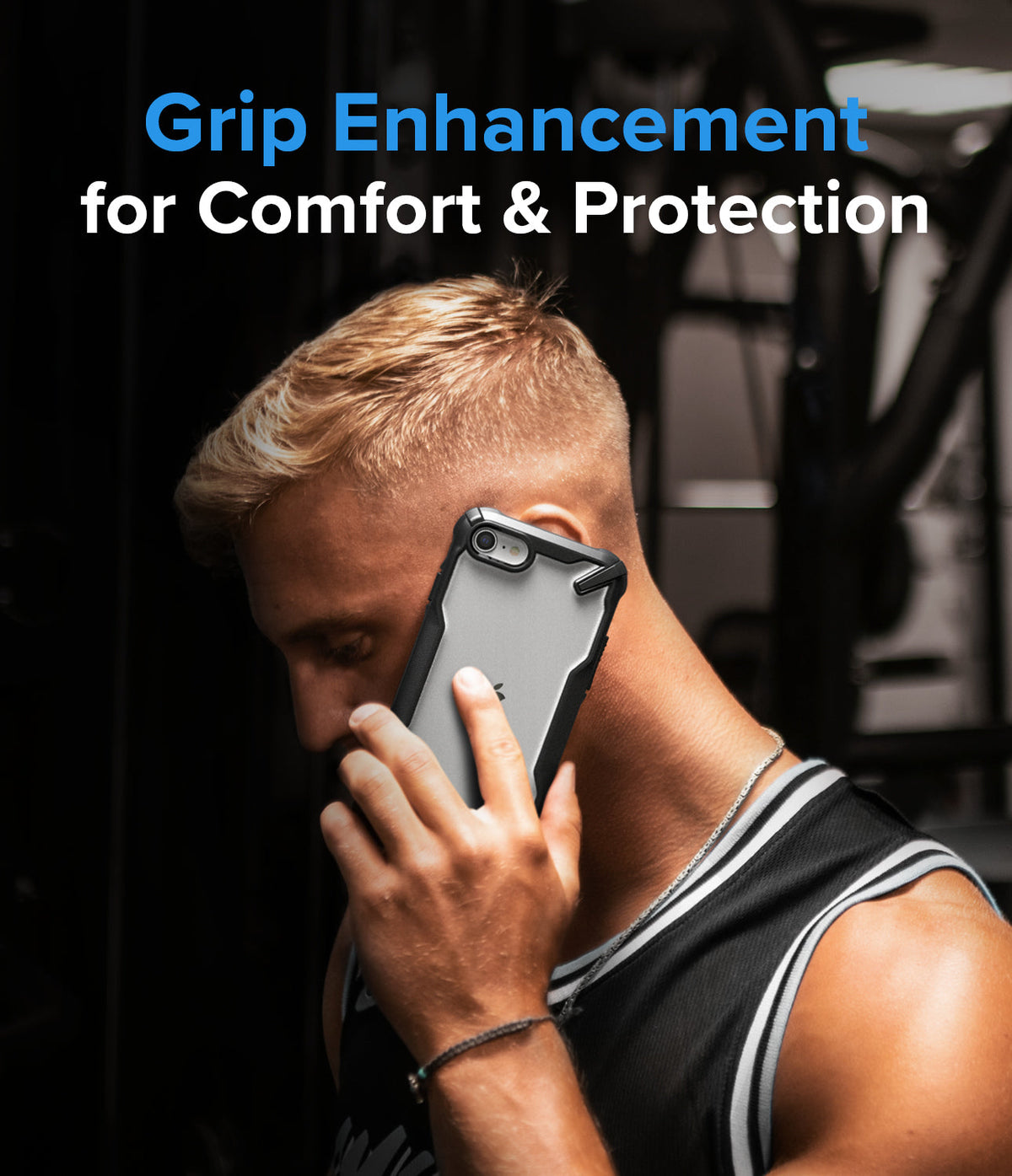 iPhone SE 2022 5G / SE 2020 / 8 Case | Fusion-X - Man in a gym talking on an iPhone with a black Fusion-X protective case.