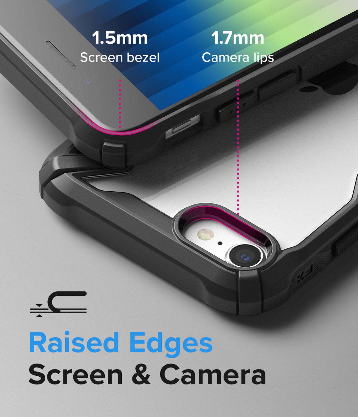 iPhone SE 2022 5G / SE 2020 / 8 Case | (New) Fusion-X - Close-up showing 1.5mm screen bezel and 1.7mm camera lip protection.