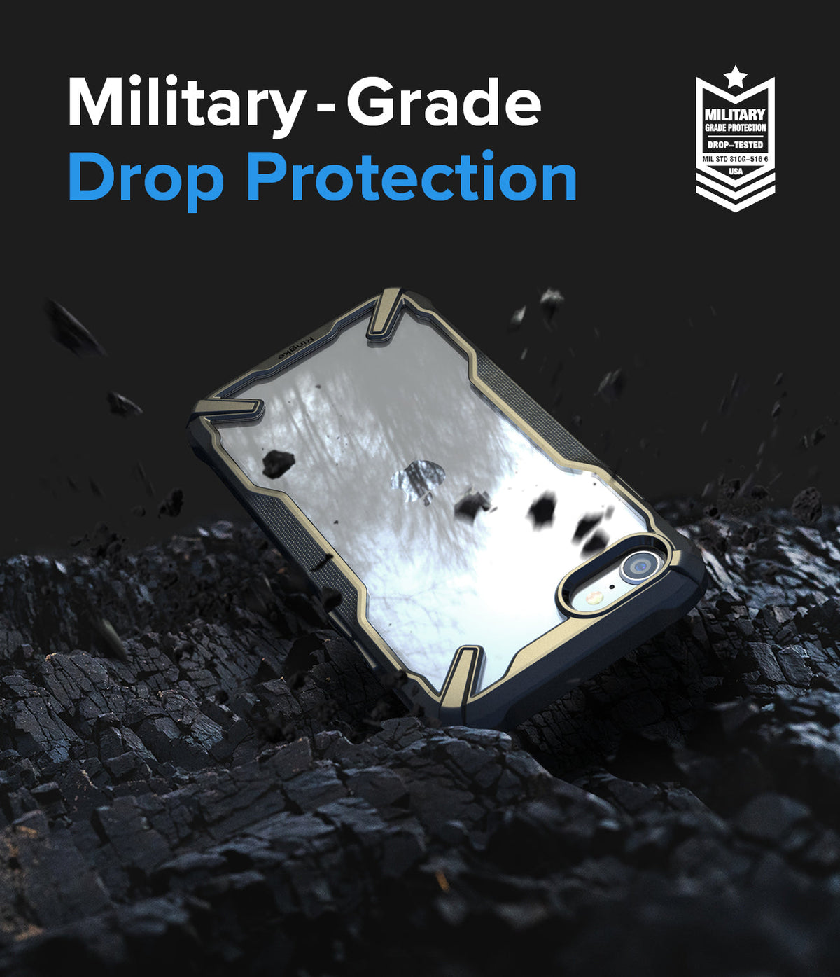 iPhone SE 2022 5G / SE 2020 / 8 Case | Fusion-X - Black and gold protective phone case hovering over dark, rocky debris.