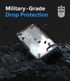 iPhone SE 2022 5G / SE 2020 / 8 Case | Fusion-X - Black and gold protective phone case hovering over dark, rocky debris.