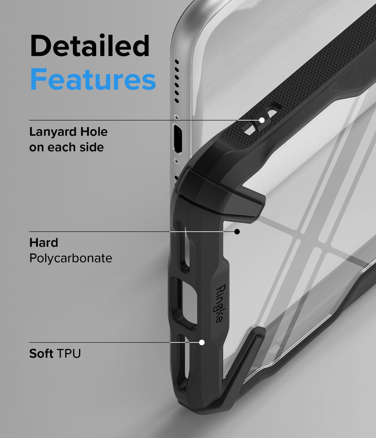 iPhone SE 2022 5G / SE 2020 / 8 Case | Fusion-X - Diagram highlighting lanyard holes, hard polycarbonate, and soft TPU.