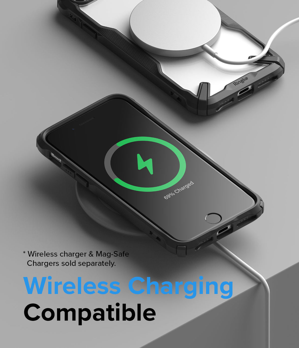 iPhone SE 2022 5G / SE 2020 / 8 Case | (New) Fusion-X - Black protective phone case on a wireless charging pad.