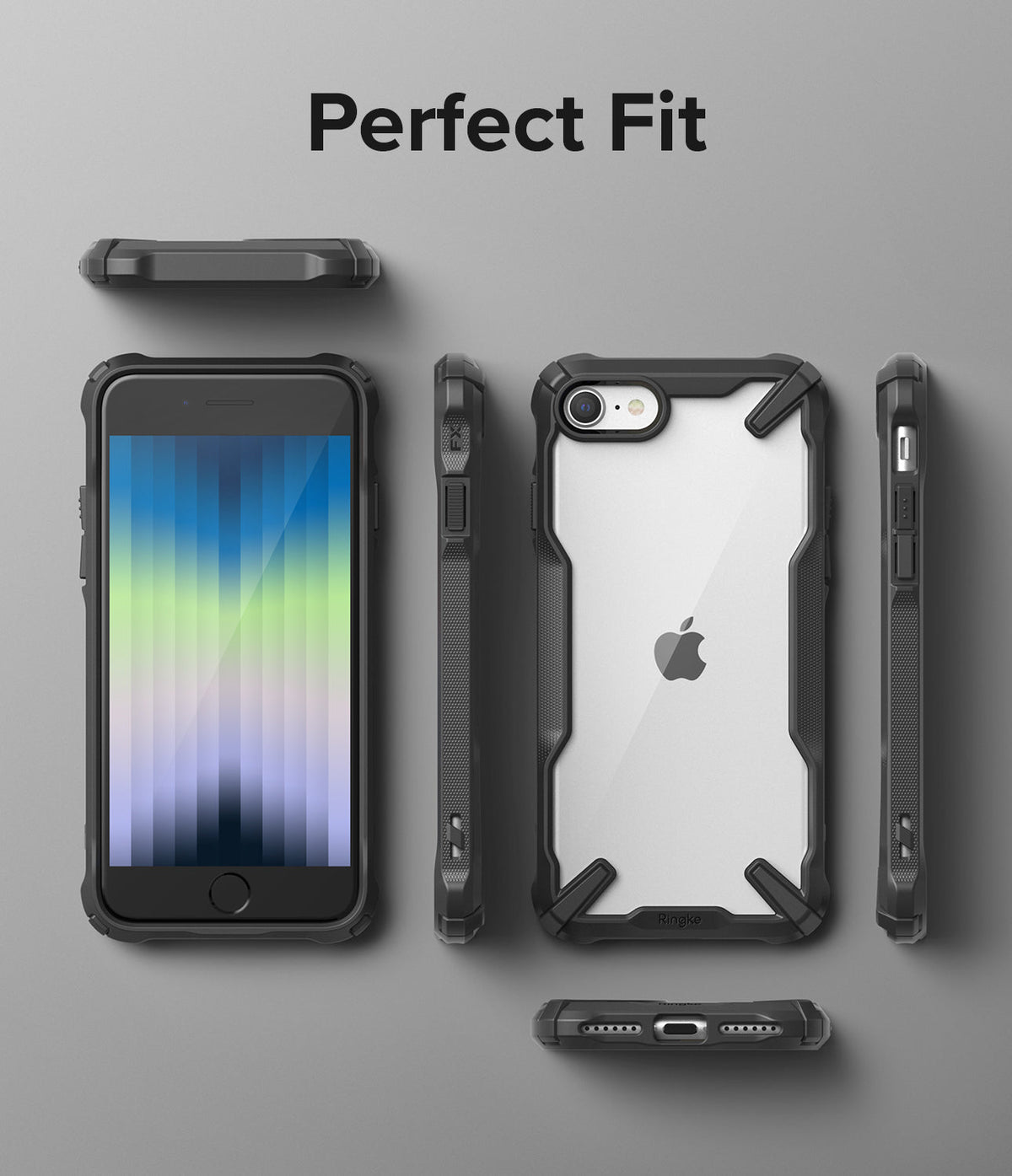 iPhone SE 2022 5G / SE 2020 / 8 Case | (New) Fusion-X - iPhone SE 2022 5G / SE 2020 / 8 Case - Multiple views of a black rugged phone case with a clear back on an iPhone.