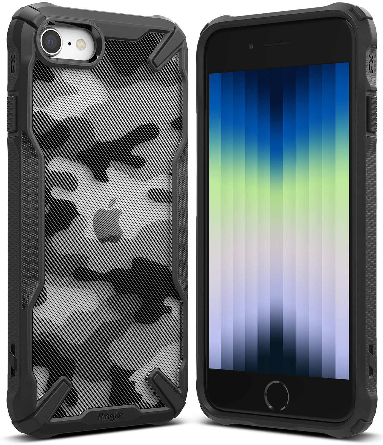 iPhone SE 2022 5G / SE 2020 / 8 Case | (New) Fusion-X - Black rugged phone case with camo back and front view.