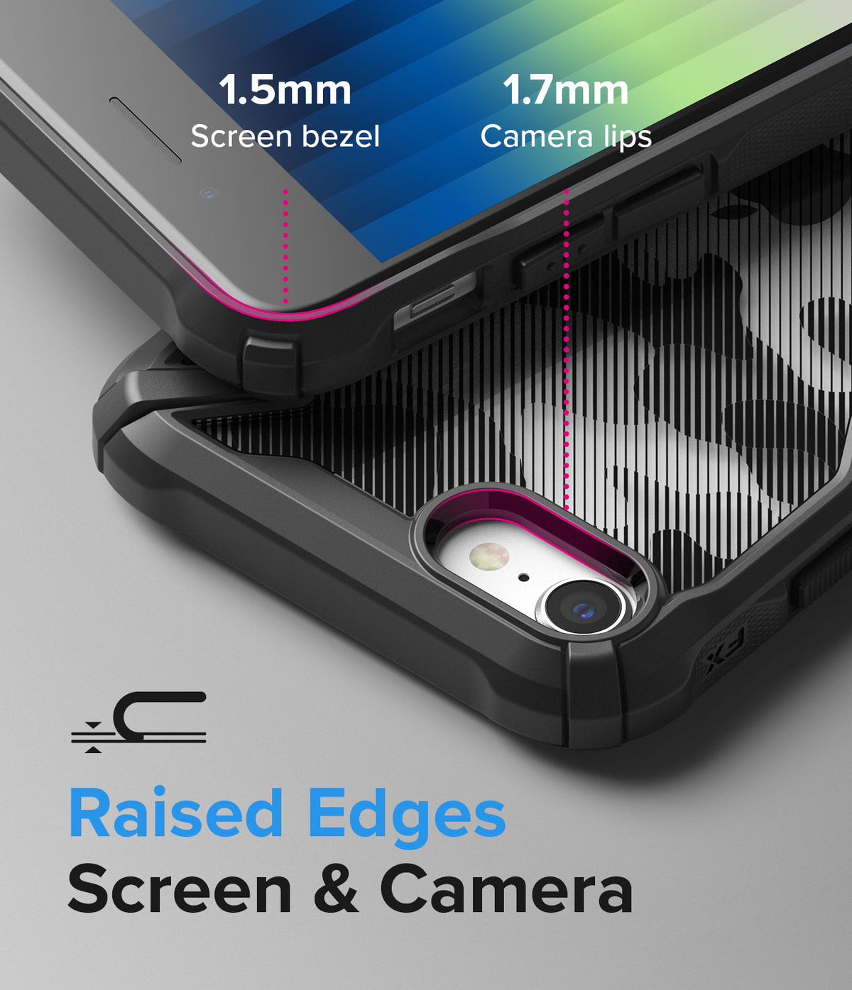 iPhone SE 2022 5G / SE 2020 / 8 Case | Fusion-X - Close-up of phone case showing 1.5mm screen bezel and 1.7mm camera lips.