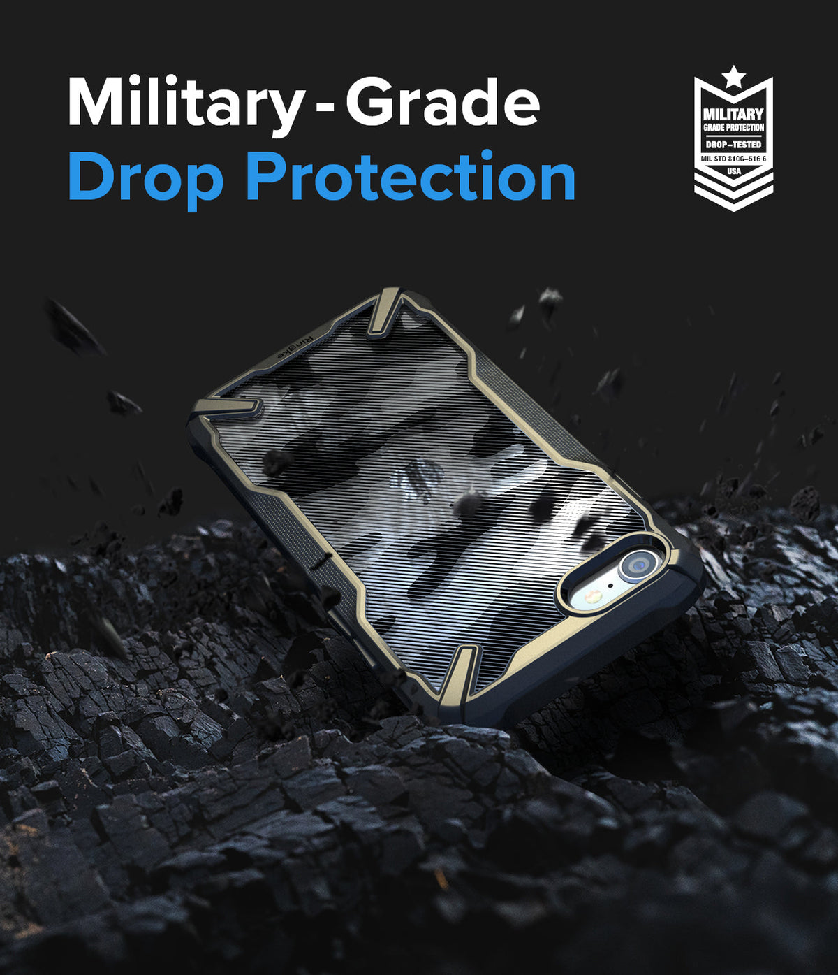 iPhone SE 2022 5G / SE 2020 / 8 Case | Fusion-X - Camouflage phone case with military-grade protection on rocky terrain.
