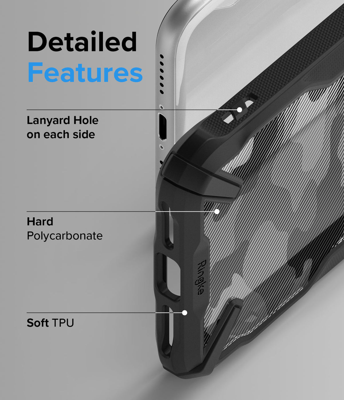 iPhone SE 2022 5G / SE 2020 / 8 Case | Fusion-X - Close-up of phone case features highlighting lanyard holes, polycarbonate, and TPU.