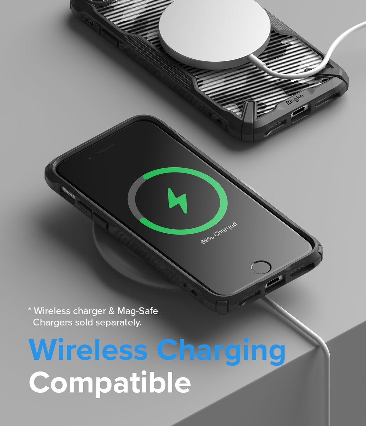 iPhone SE 2022 5G / SE 2020 / 8 Case | (New) Fusion-X - Black camouflage phone case on a wireless charger showing 69% charge.