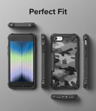 iPhone SE 2022 5G / SE 2020 / 8 Case | (New) Fusion-X - Multiple views of a black camouflage phone case on an iPhone.