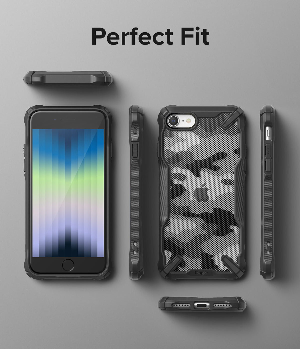 iPhone SE 2022 5G / SE 2020 / 8 Case | Fusion-X - Multiple views of a rugged black phone case with camo back design.
