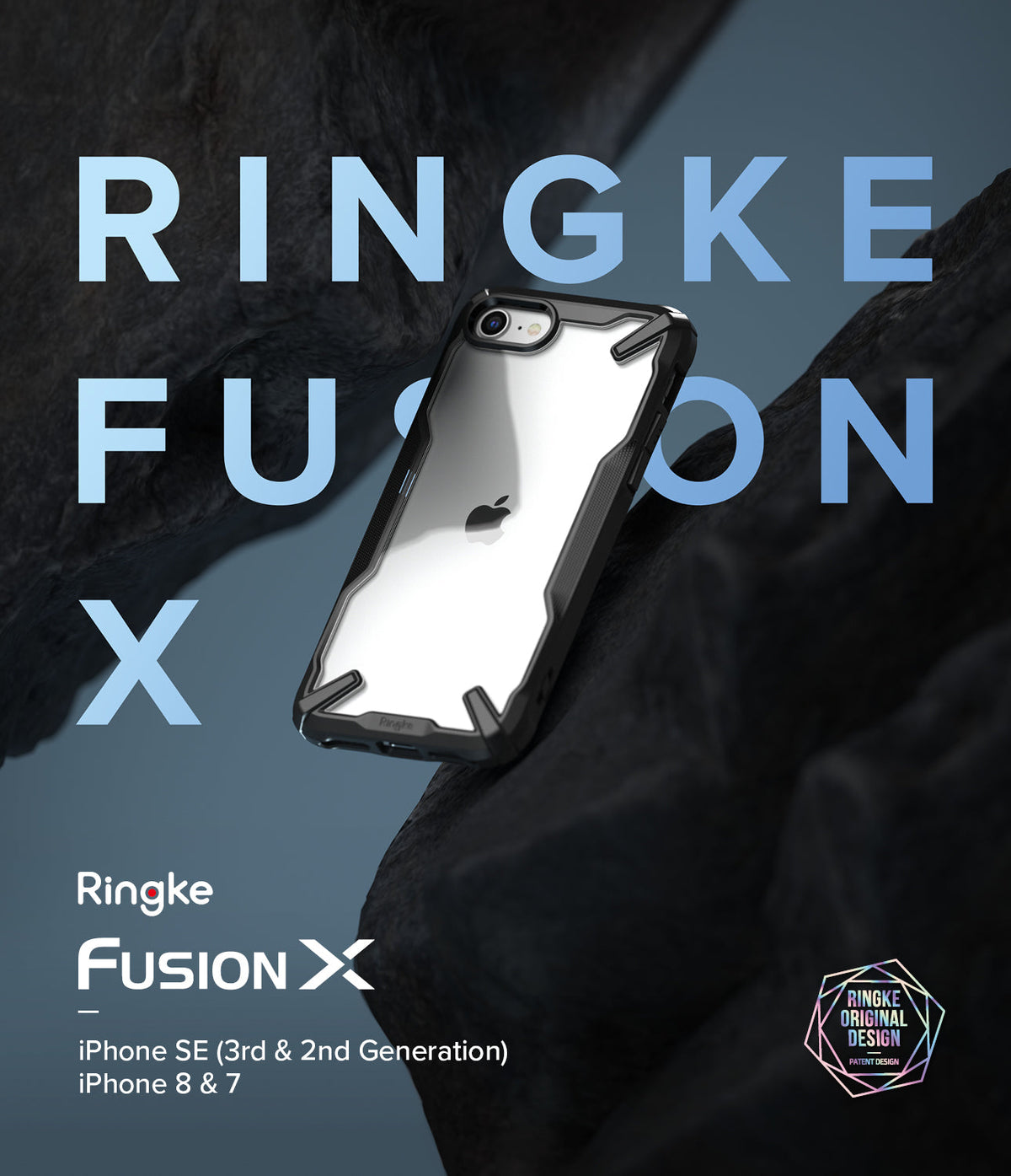 iPhone SE 2022 5G / SE 2020 / 8 Case | Fusion-X - Clear phone case with black rugged bumper resting on dark rock.