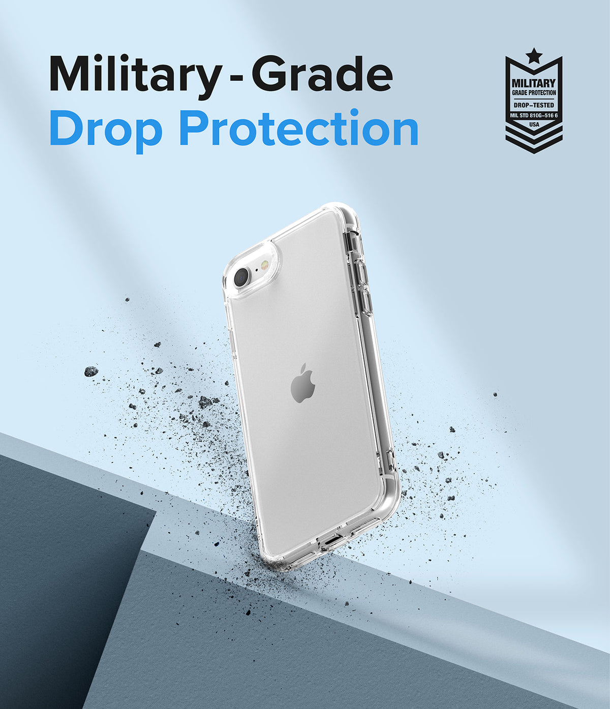 iPhone SE 2022 5G / SE 2020 / 8 Case | Fusion - Clear protective phone case floating above geometric blocks with debris.