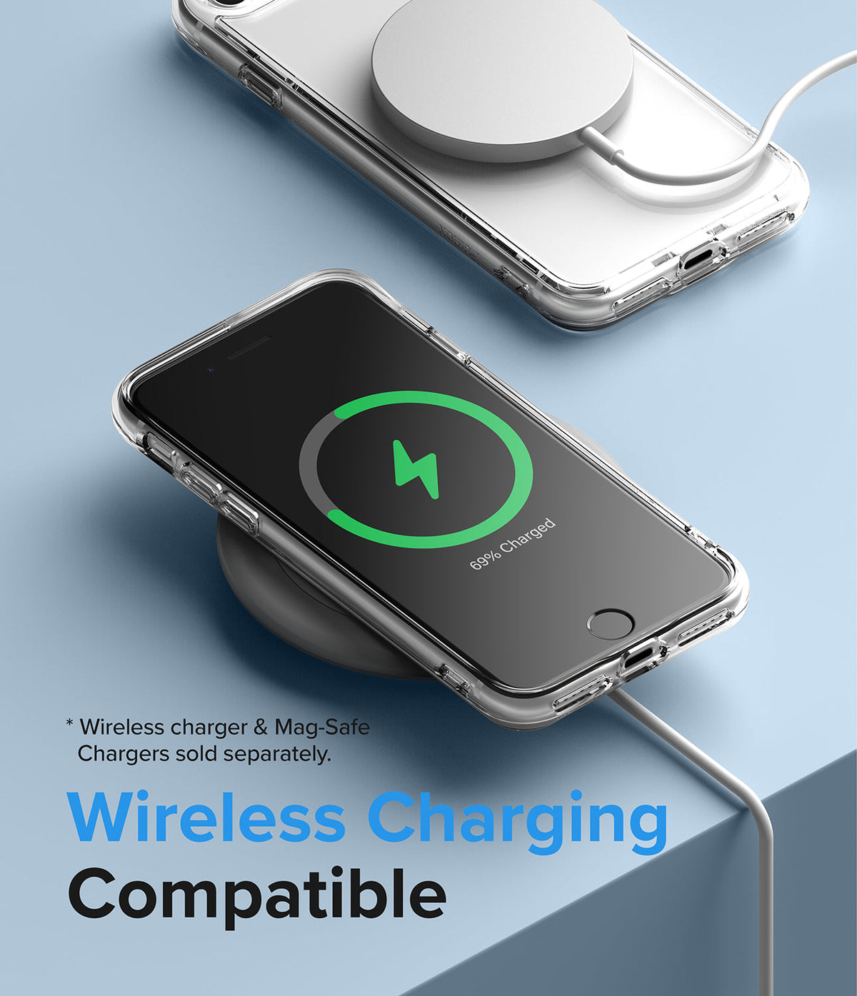 iPhone SE 2022 5G / SE 2020 / 8 Case | Fusion - Clear phone case on an iPhone wirelessly charging with a battery icon.