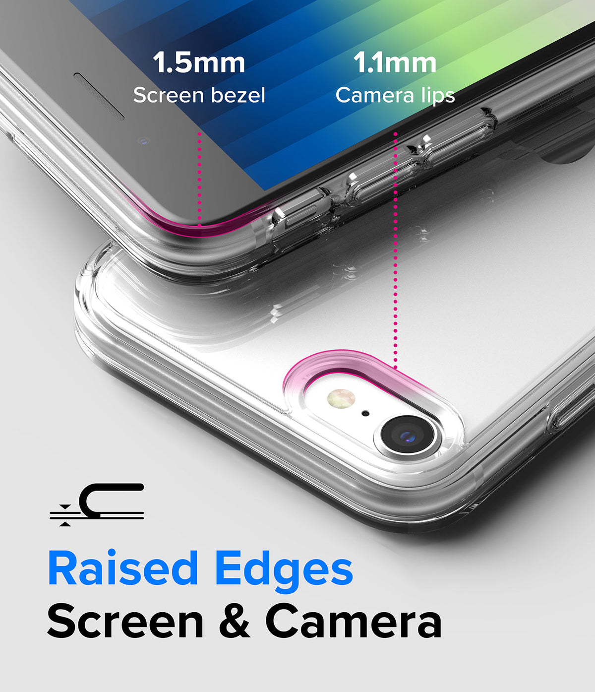 iPhone SE 2022 5G / SE 2020 / 8 / 7 Case | Fusion Edge - Clear phone case showing 1.5mm screen bezel and 1.1mm camera lips.