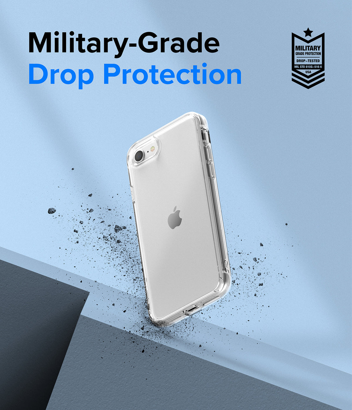 iPhone SE 2022 5G / SE 2020 / 8 / 7 Case | Fusion Edge - Clear phone case floating above debris with military-grade protection.