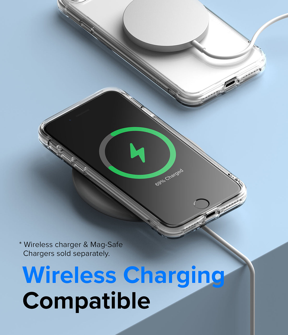 iPhone SE 2022 5G / SE 2020 / 8 / 7 Case | Fusion Edge - Clear phone case on a wireless charger showing a charging icon.