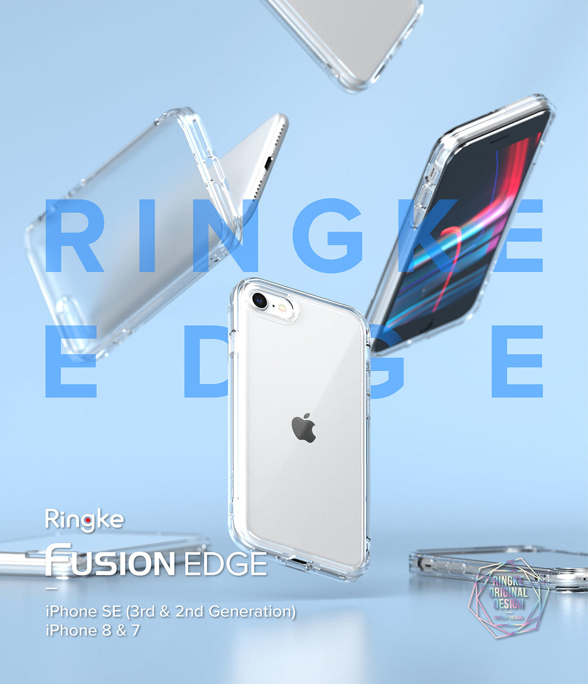 iPhone SE 2022 5G / SE 2020 / 8 / 7 Case | Fusion Edge - Clear protective phone cases floating against a blue background.