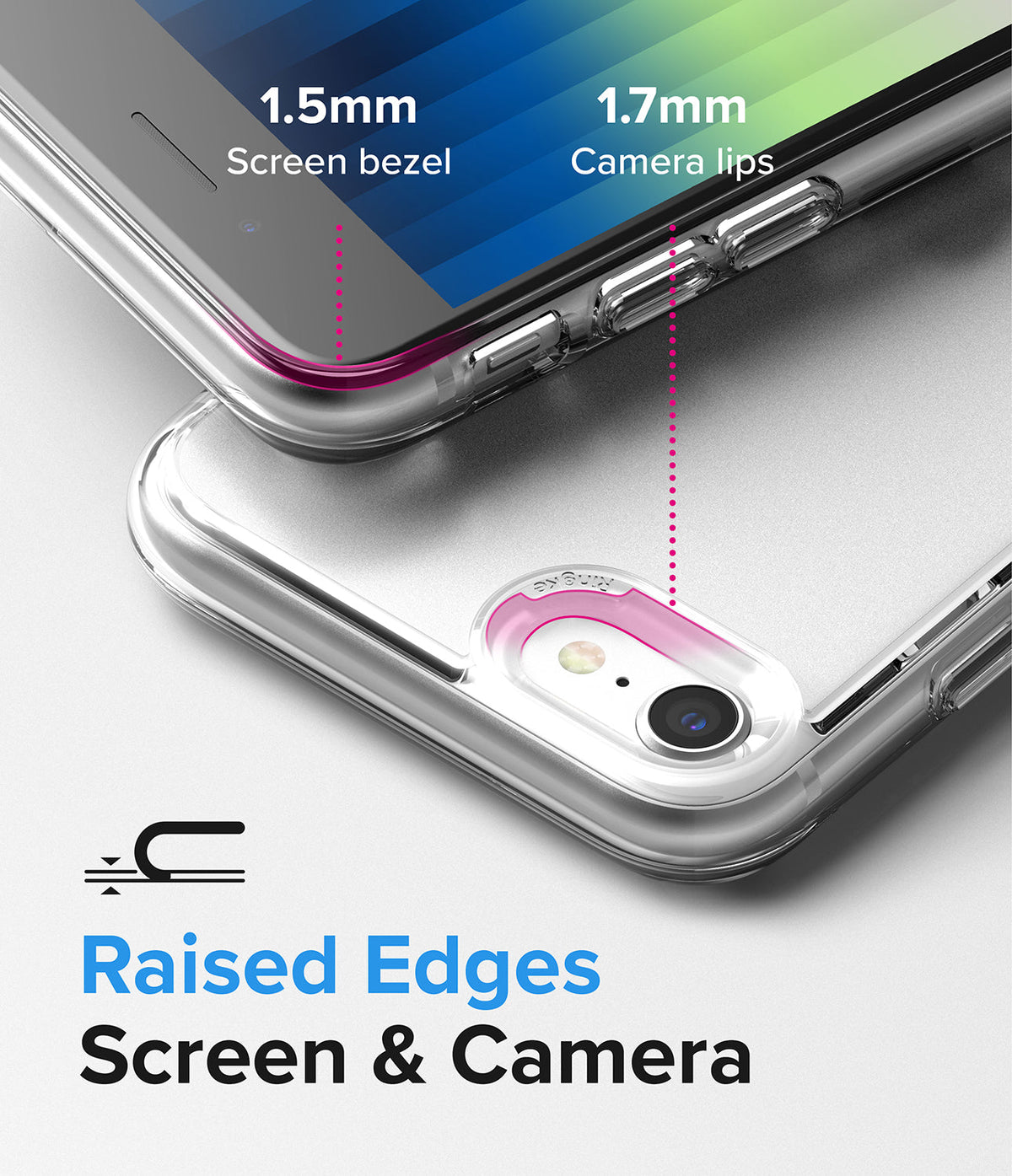 iPhone SE 2022 5G / SE 2020 / 8 / 7 Case | Fusion Edge - Clear phone case showing 1.5mm screen bezel and 1.7mm camera lips.