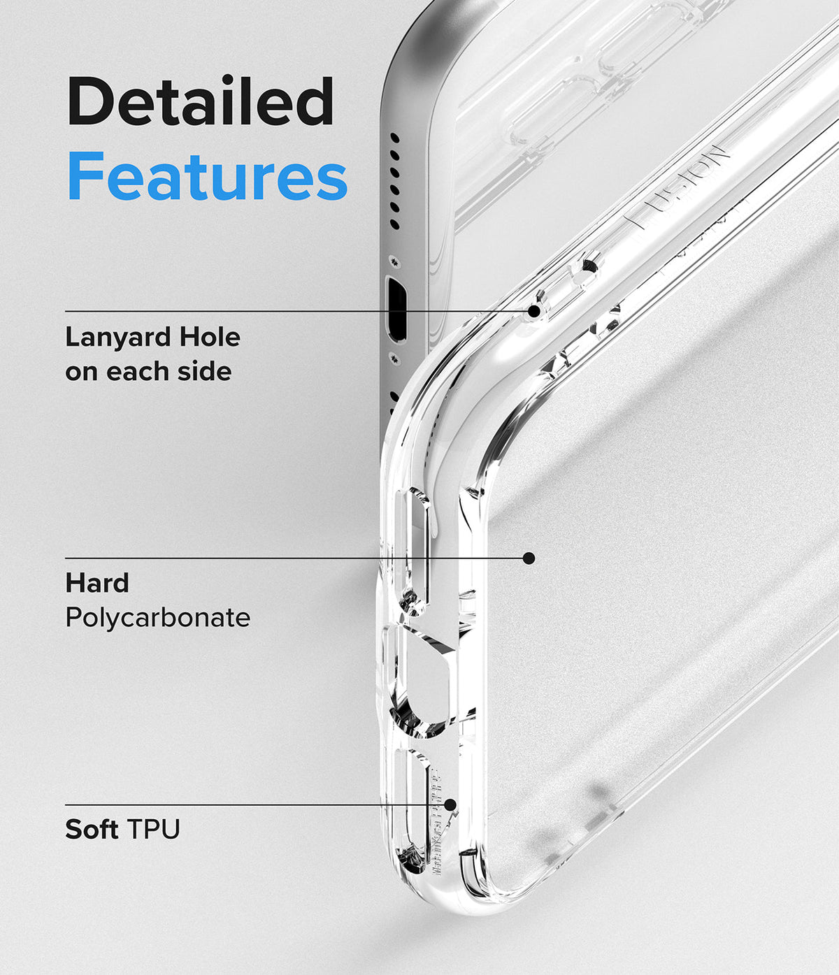 iPhone SE 2022 5G / SE 2020 / 8 / 7 Case | Fusion Edge - Close-up of clear phone case highlighting lanyard holes, polycarbonate back, and soft TPU bumper.